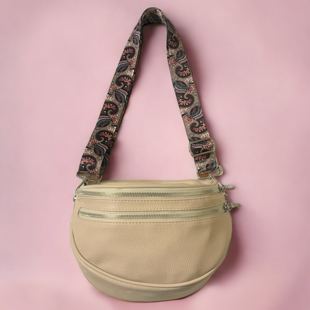 Ivory Double Zipper Fanny Pack Crossbody faux leather. Two adjustable straps